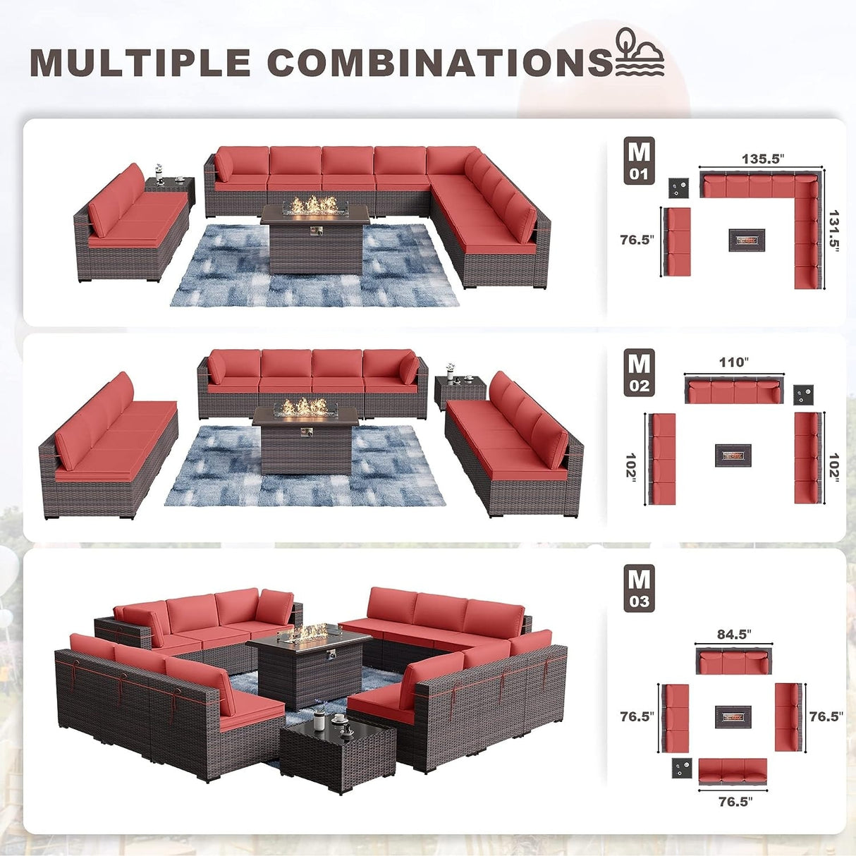 Kullavik 14 Pieces Outdoor Patio Furniture Set with Fire Pit Table