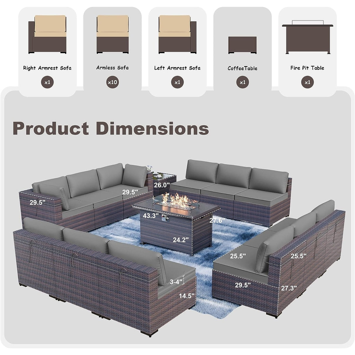Kullavik 14 Pieces Outdoor Patio Furniture Set with Fire Pit Table