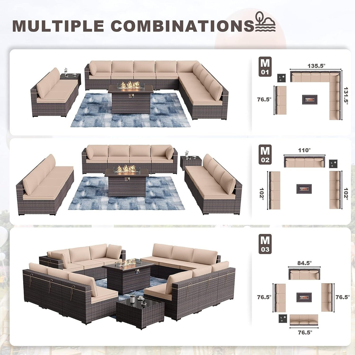 Kullavik 14 Pieces Outdoor Patio Furniture Set with Fire Pit Table