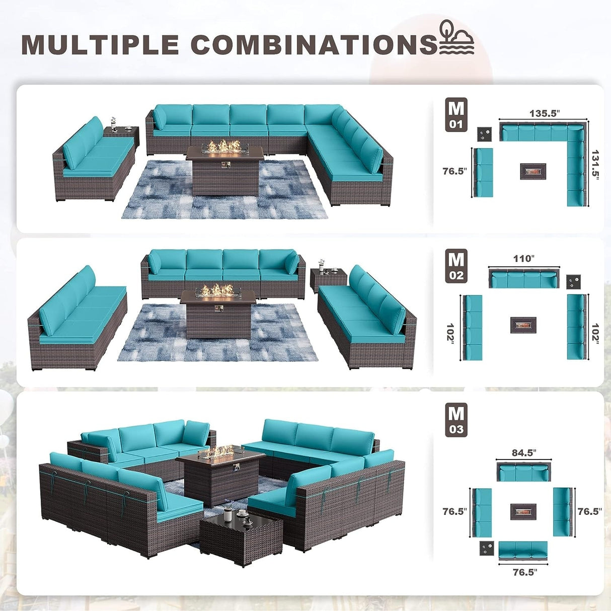 Kullavik 14 Pieces Outdoor Patio Furniture Set with Fire Pit Table
