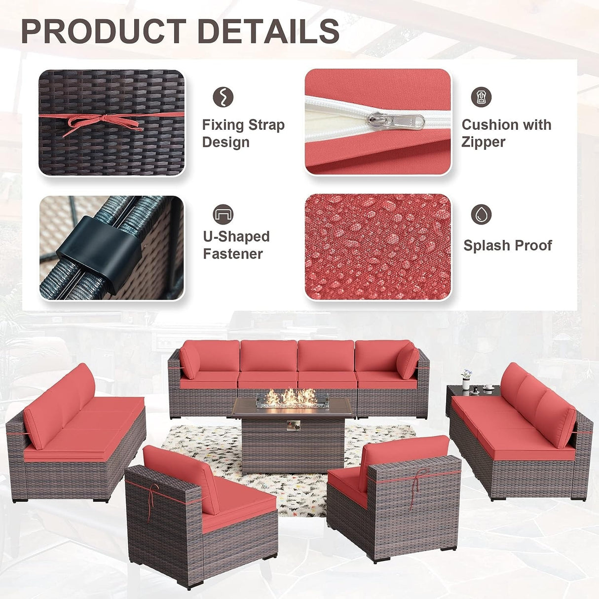 Kullavik 14 Pieces Outdoor Patio Furniture Set with Fire Pit Table