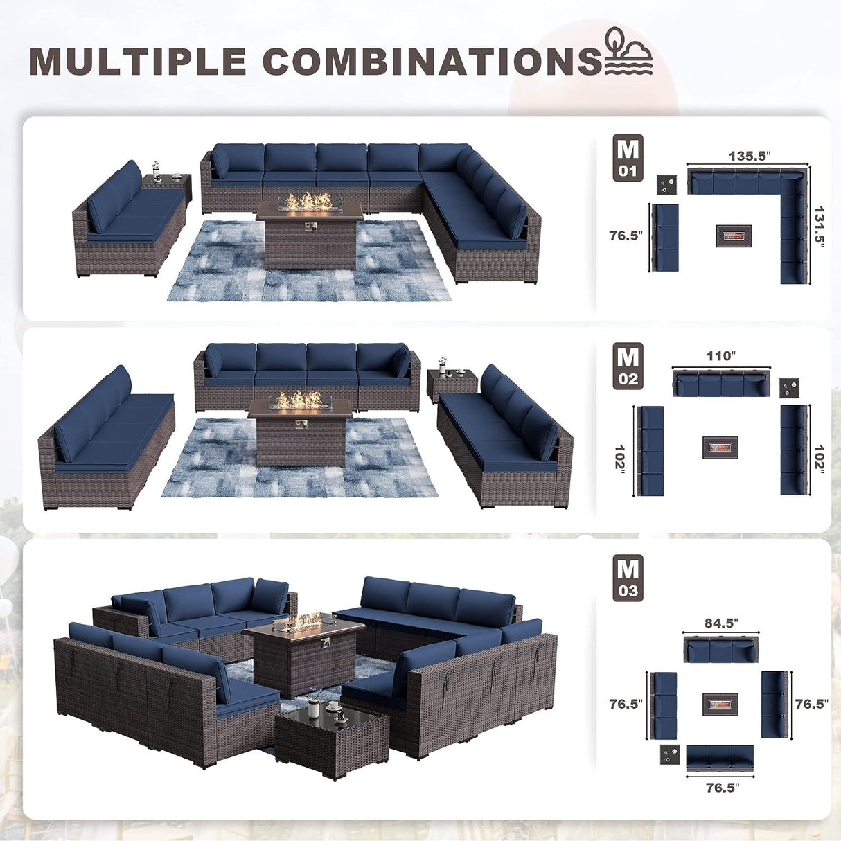 Kullavik 14 Pieces Outdoor Patio Furniture Set with Fire Pit Table