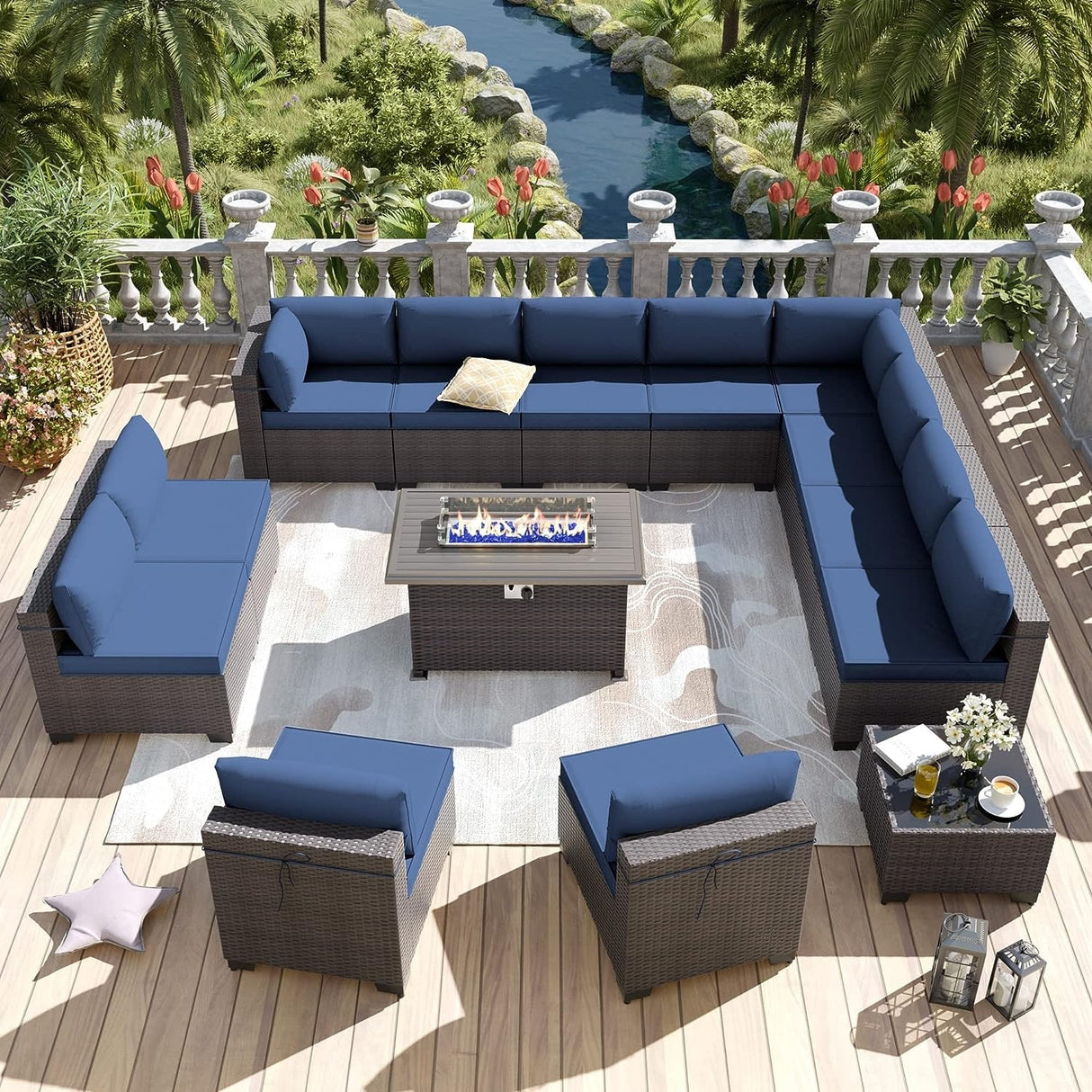 Kullavik 14 Pieces Outdoor Patio Furniture Set with Fire Pit Table