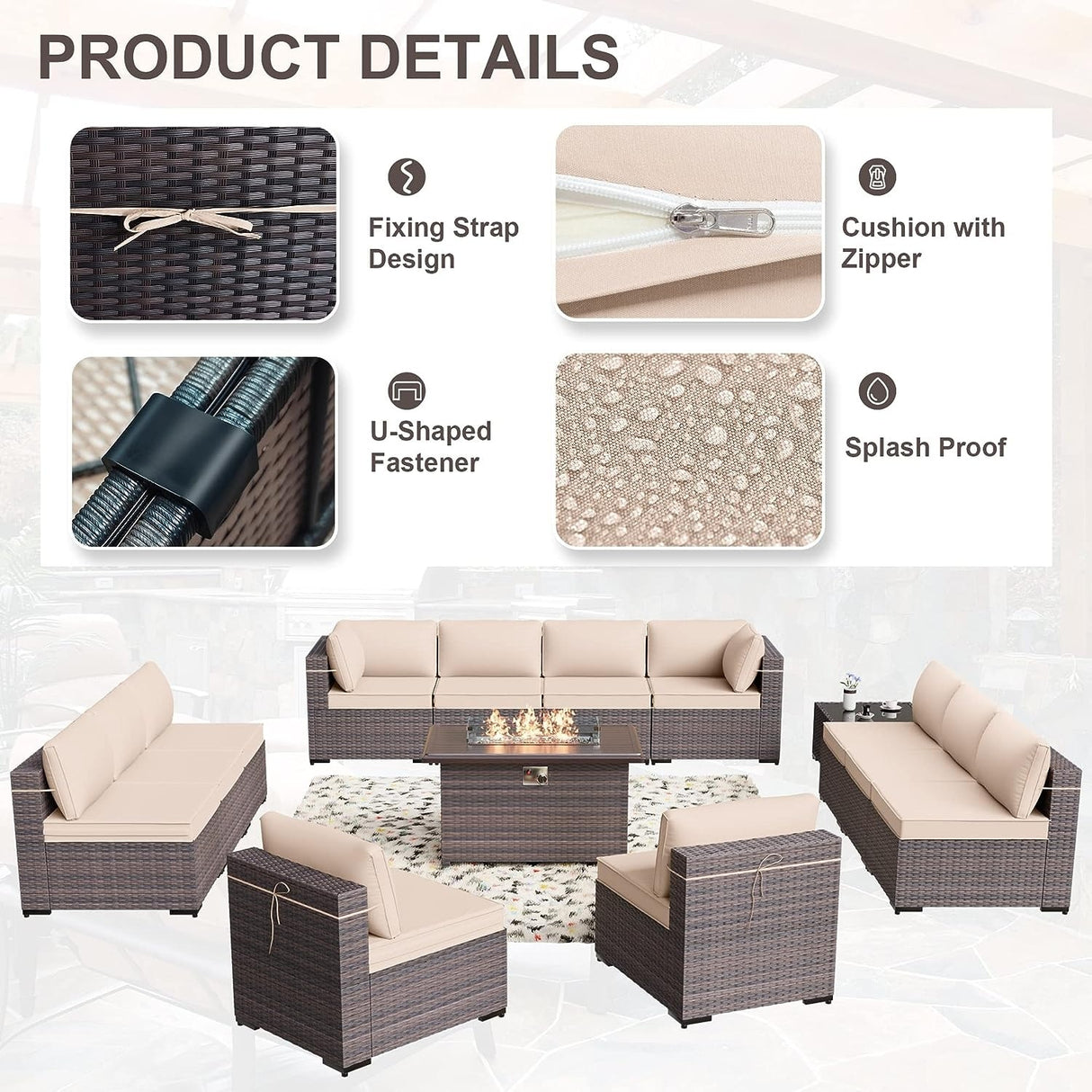 Kullavik 14 Pieces Outdoor Patio Furniture Set with Fire Pit Table