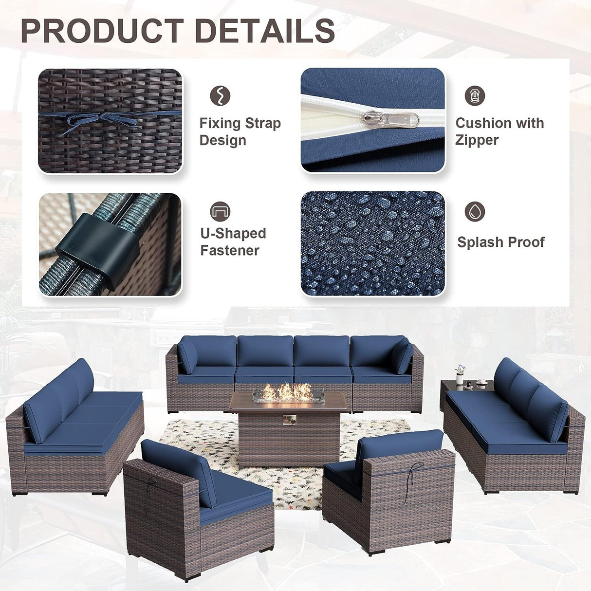 Kullavik 14 Pieces Outdoor Patio Furniture Set with Fire Pit Table