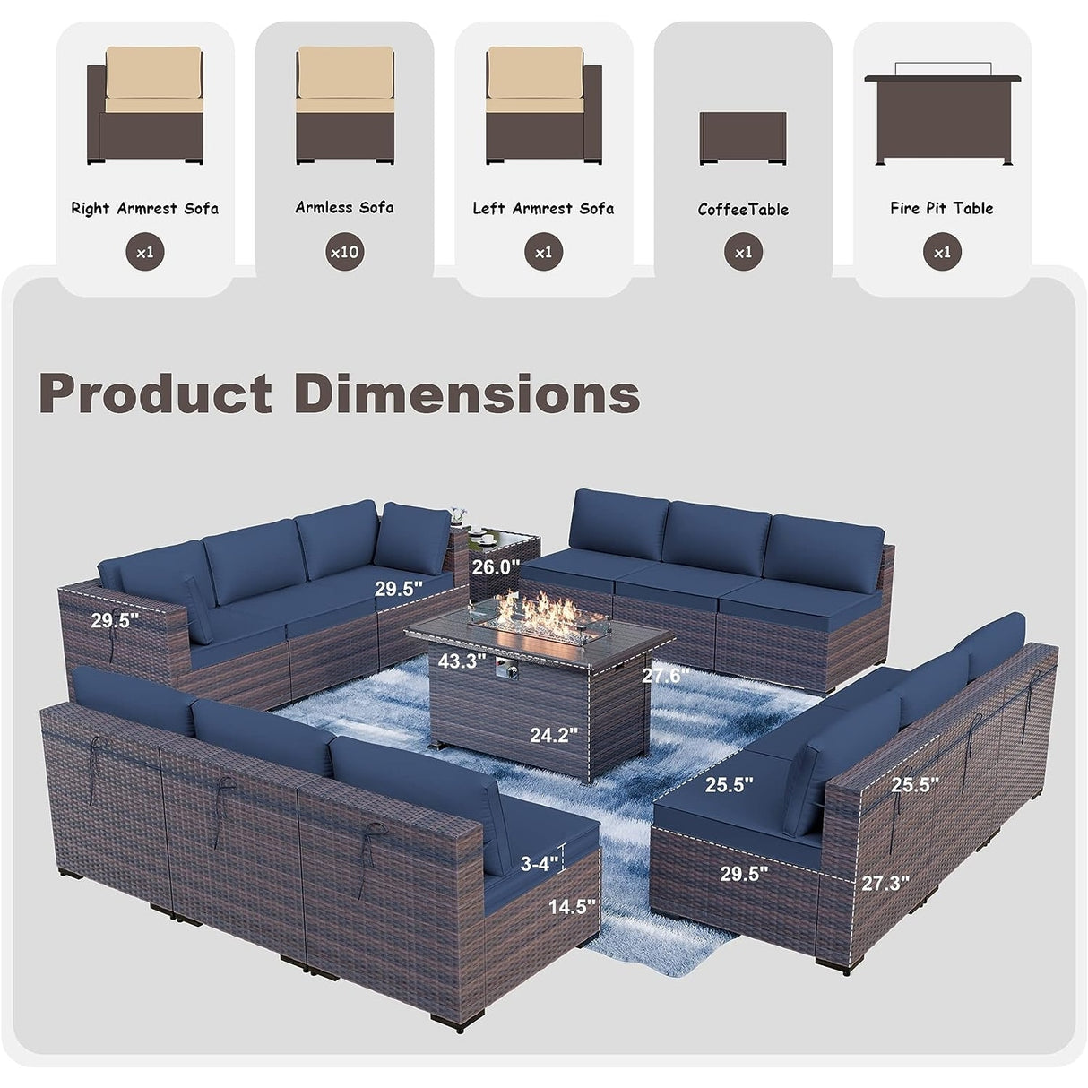Kullavik 14 Pieces Outdoor Patio Furniture Set with Fire Pit Table