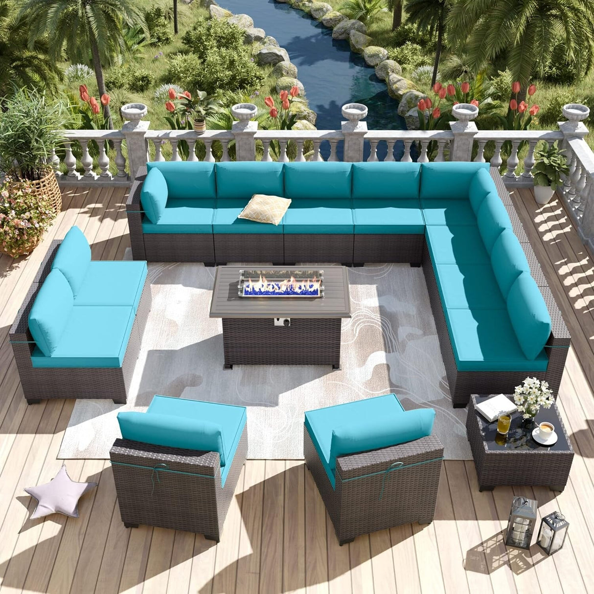 Kullavik 14 Pieces Outdoor Patio Furniture Set with Fire Pit Table