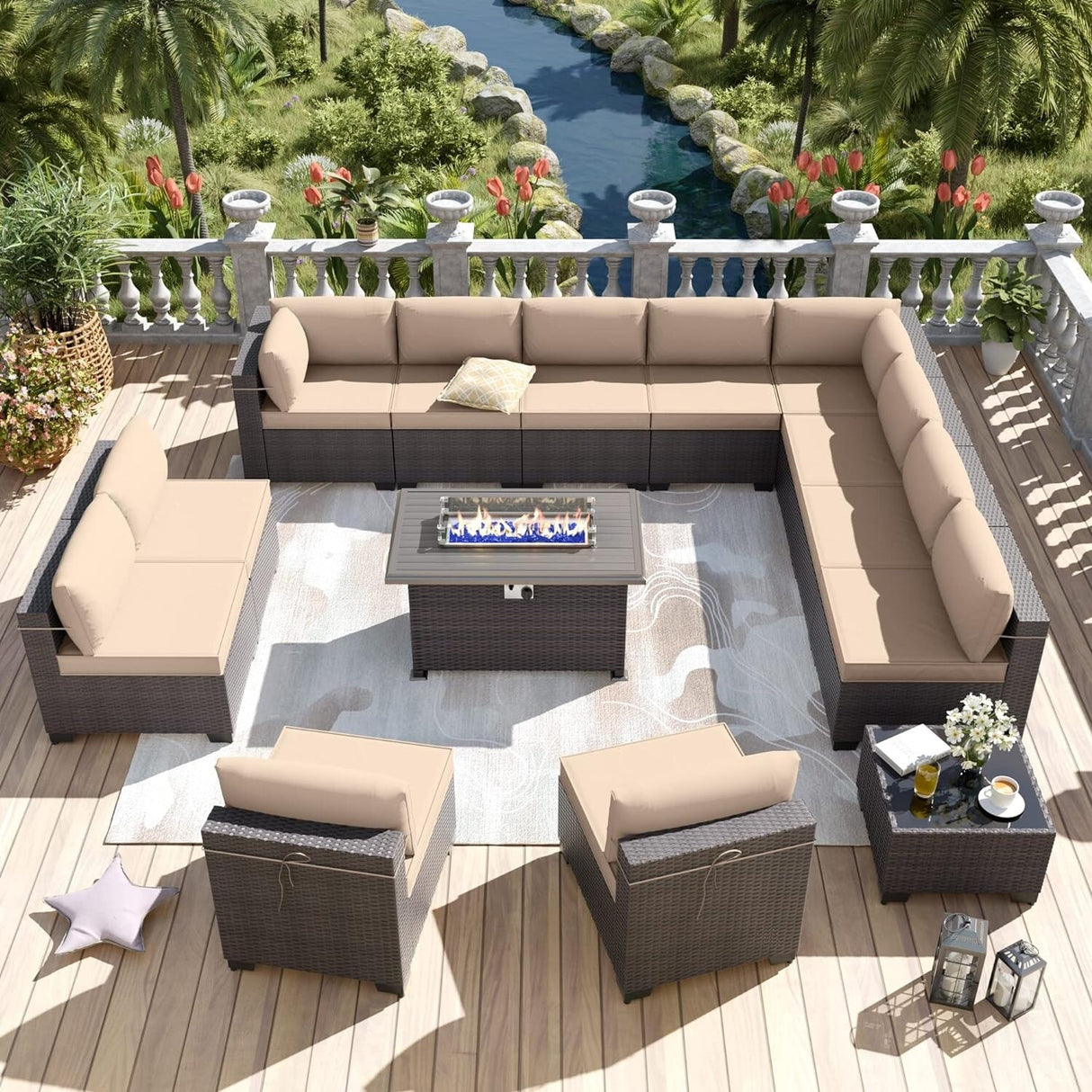 Kullavik 14 Pieces Outdoor Patio Furniture Set with Fire Pit Table