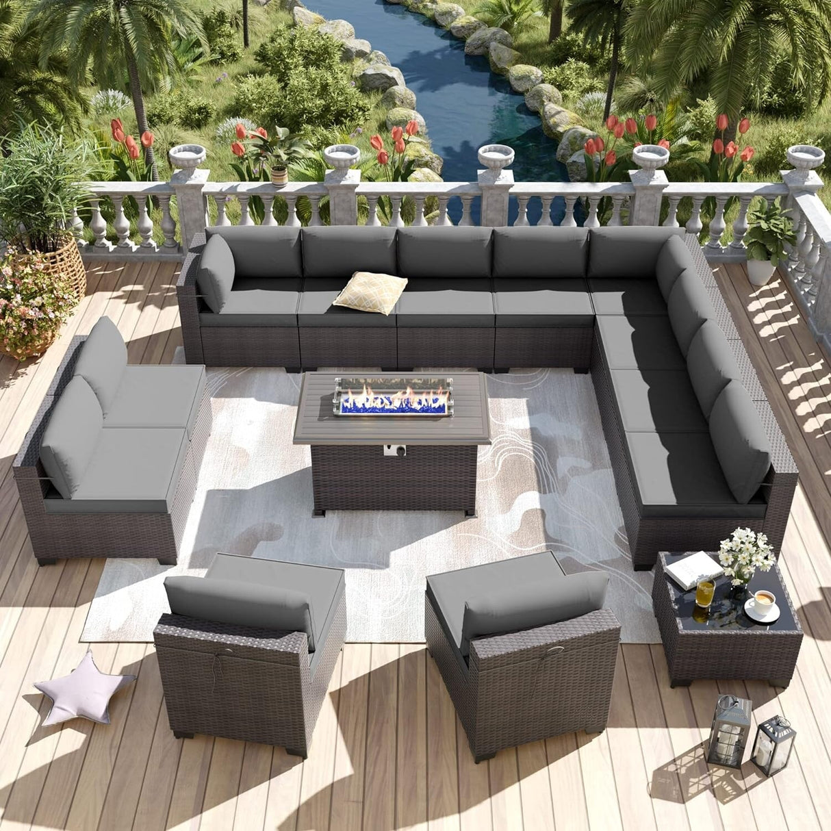 Kullavik 14 Pieces Outdoor Patio Furniture Set with Fire Pit Table