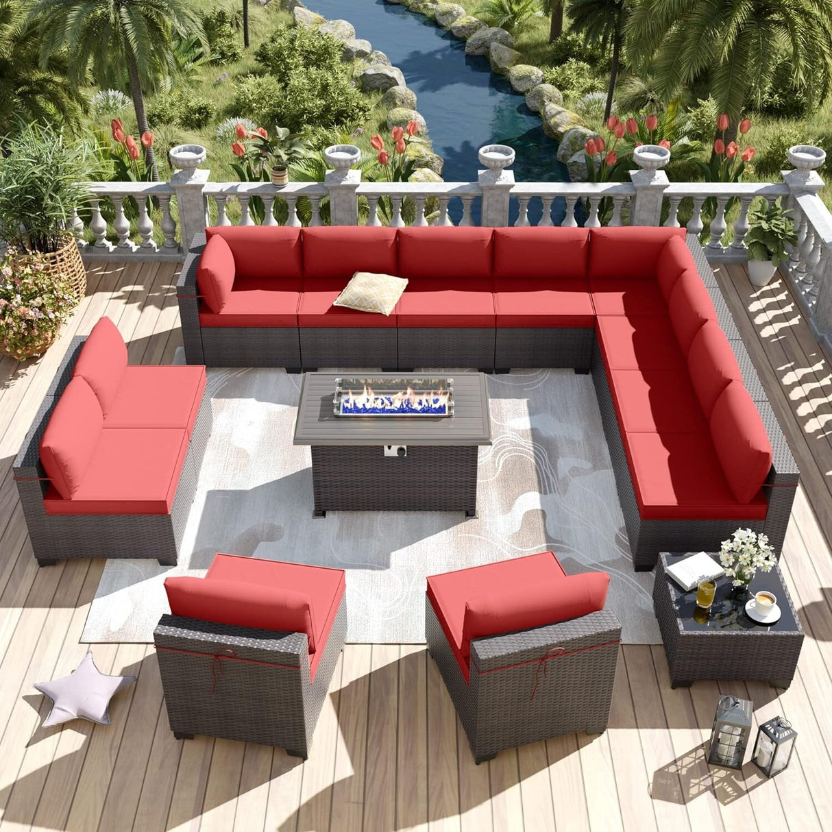 Kullavik 14 Pieces Outdoor Patio Furniture Set with Fire Pit Table