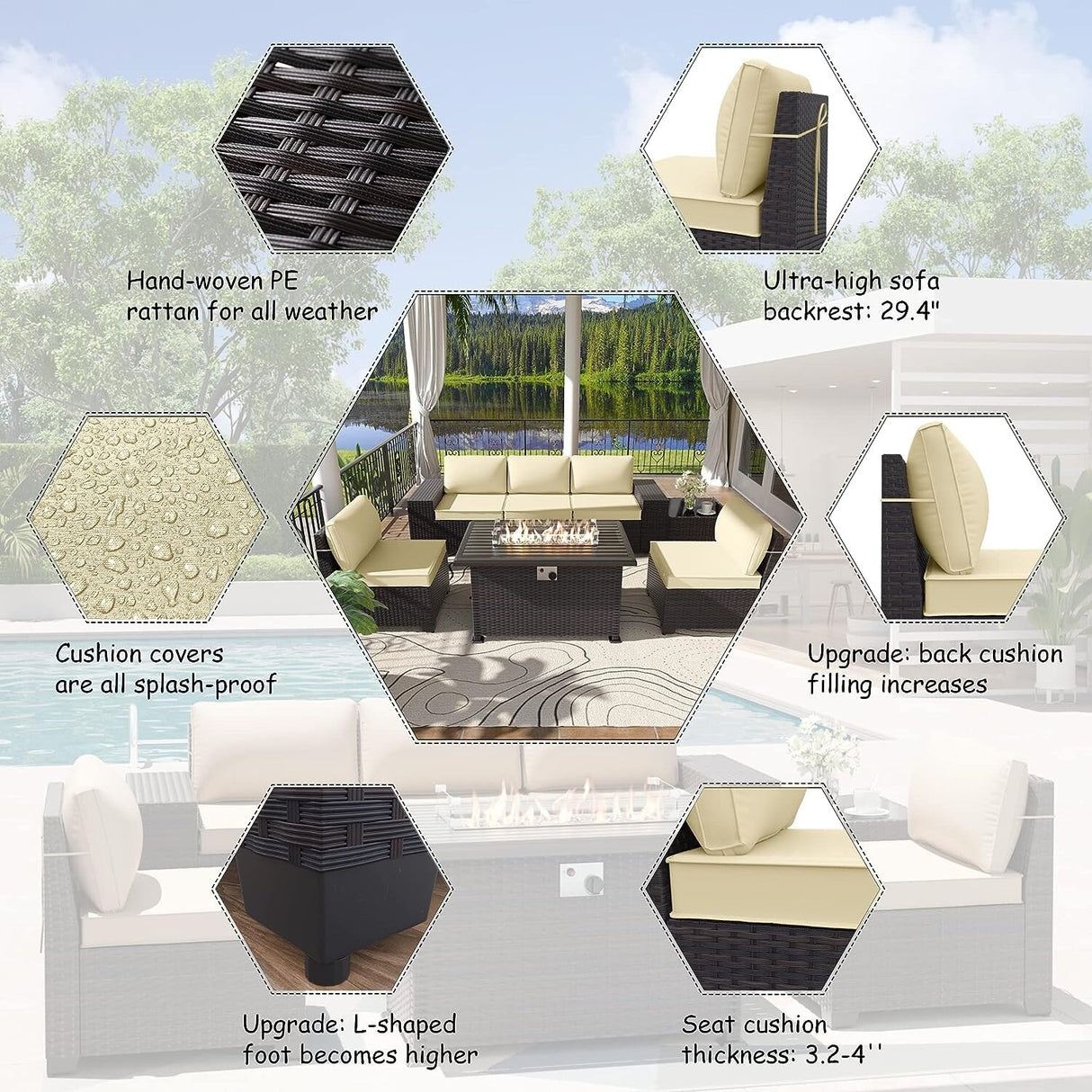 Delnavik 7 Pieces Rattan Outdoor Patio Furniture Sofa Set with Firepit - 7 pcs