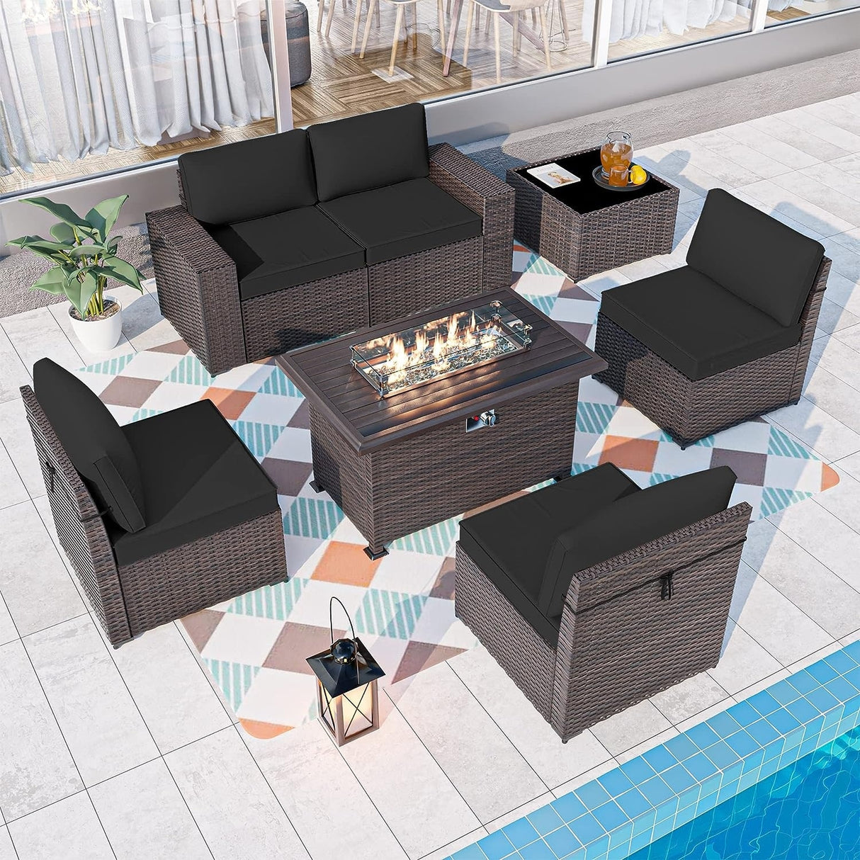 Delnavik 7 Pieces Rattan Outdoor Patio Furniture Sofa Set with Firepit - 7 pcs