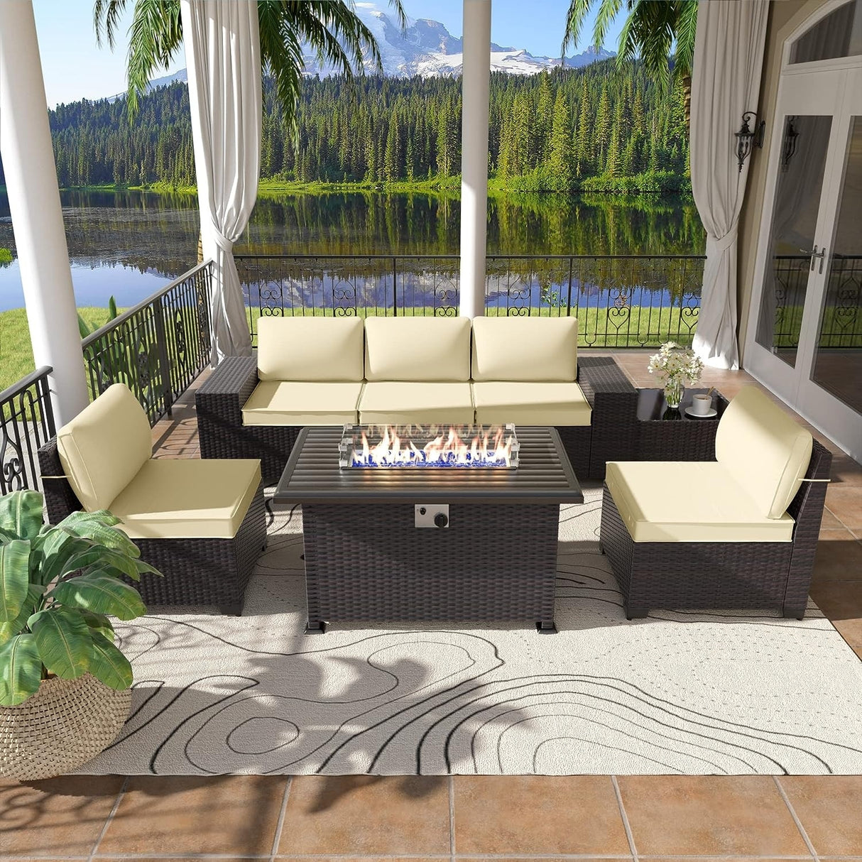 Delnavik 7 Pieces Rattan Outdoor Patio Furniture Sofa Set with Firepit - 7 pcs