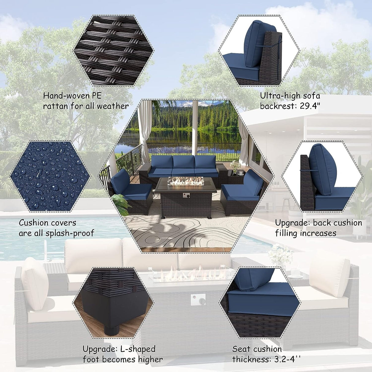 Delnavik 7 Pieces Rattan Outdoor Patio Furniture Sofa Set with Firepit - 7 pcs