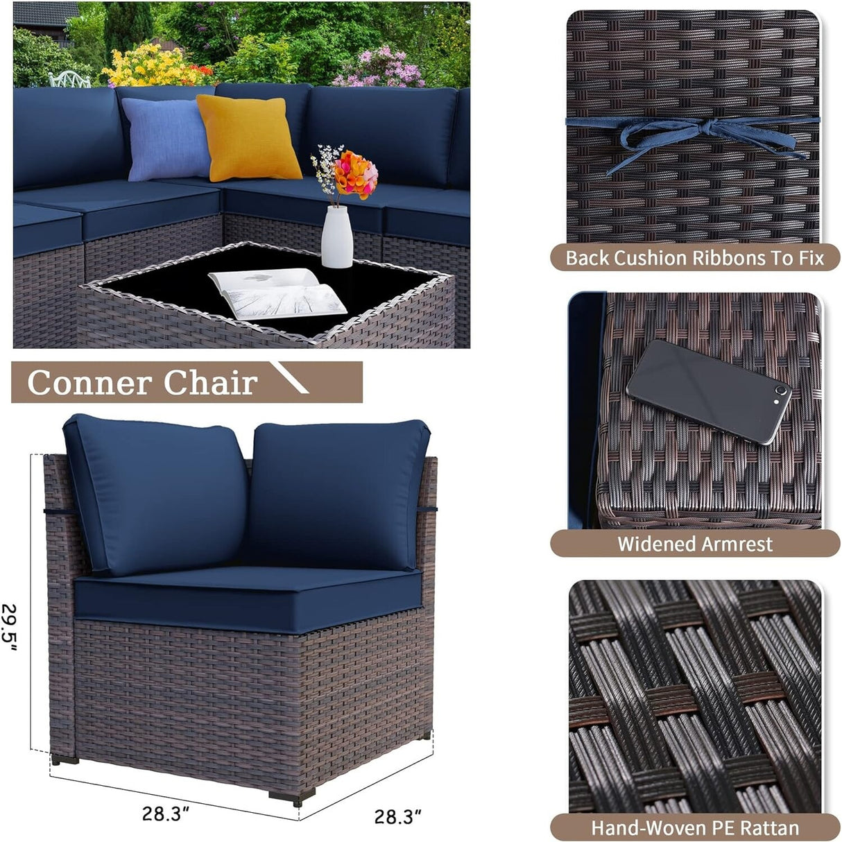Delnavik 7 Pieces Rattan Outdoor Patio Furniture Sofa Set with Firepit - 7 pcs