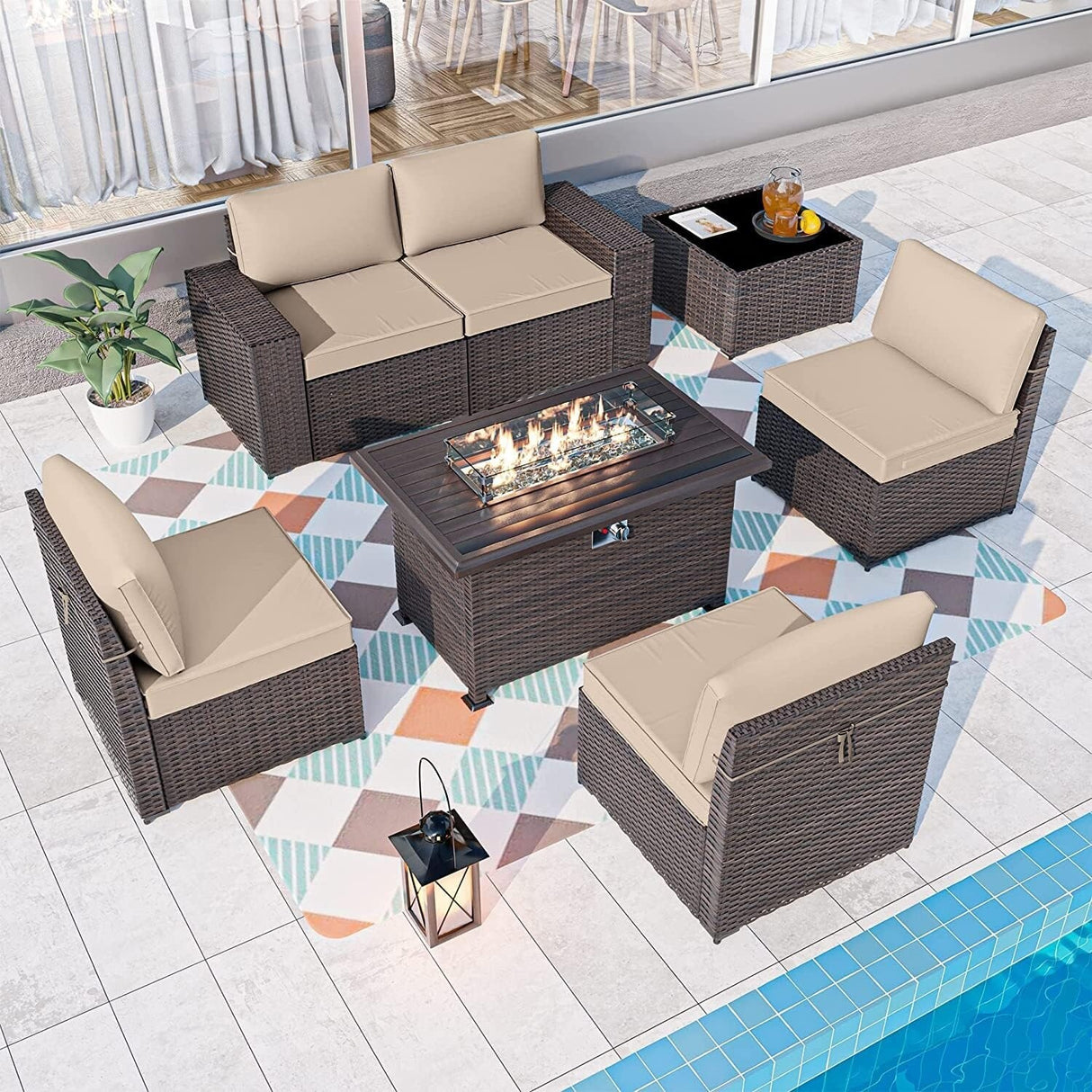 Delnavik 7 Pieces Rattan Outdoor Patio Furniture Sofa Set with Firepit - 7 pcs