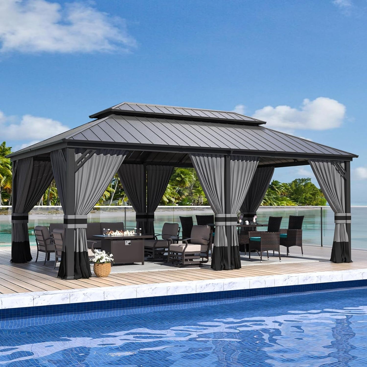 Kullavik Hardtop Gazebo w/ Galvanized Steel Roof & Aluminum Frame, New Outdoor Canopy w/ Mosquito Net & Curtain, Patio Pergola