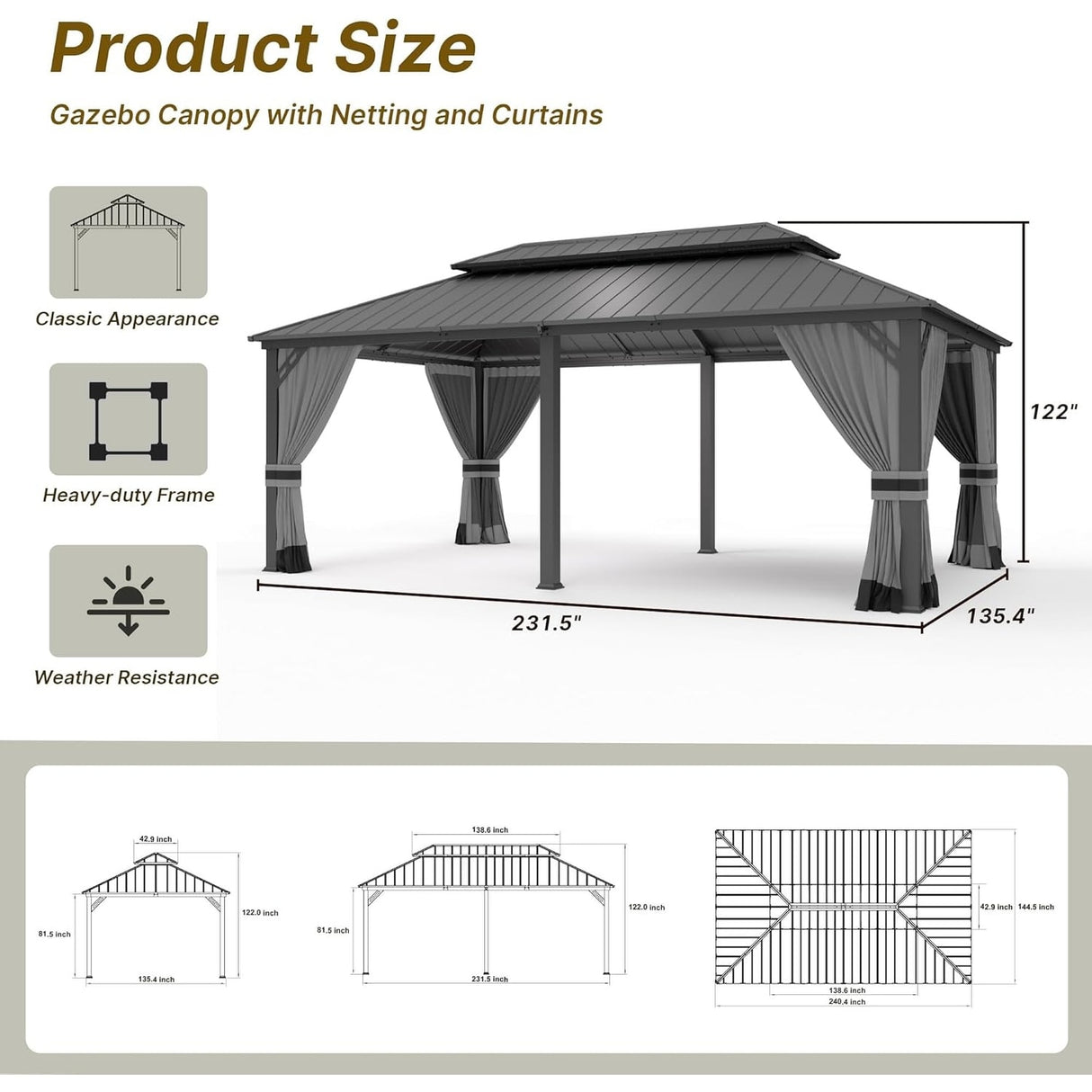 Kullavik Hardtop Gazebo w/ Galvanized Steel Roof & Aluminum Frame, New Outdoor Canopy w/ Mosquito Net & Curtain, Patio Pergola