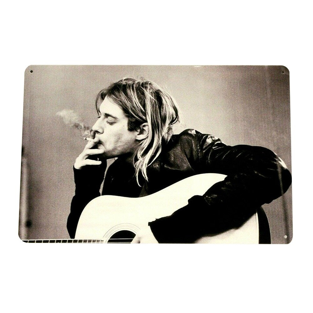 Kurt Cobain Nirvana B&W Acoustic Guitar Metal Tin Sign 12" x 8" - 12" X 8"