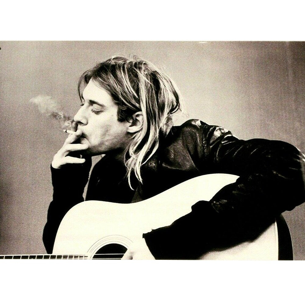 Kurt Cobain Nirvana B&W Acoustic Guitar Metal Tin Sign 12" x 8" - 12" X 8"