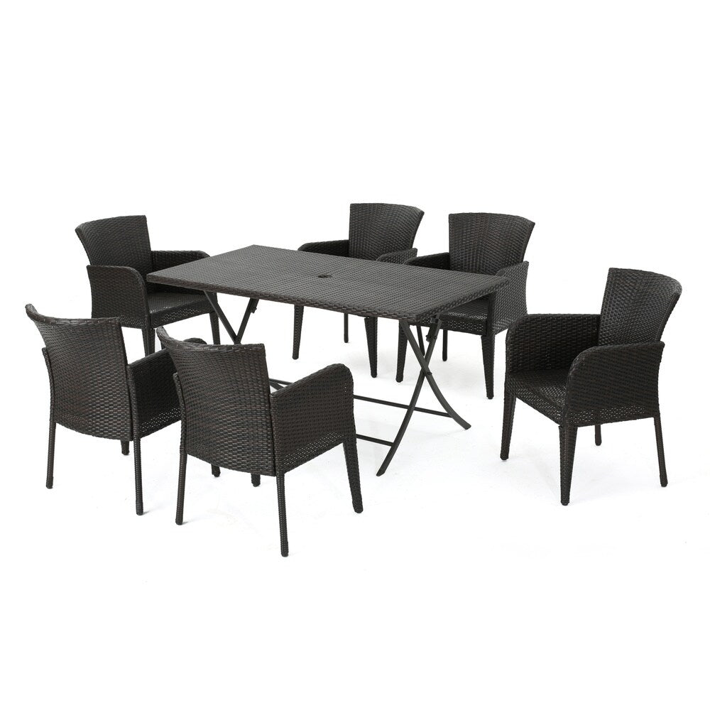 Kylon Outdoor 7-Piece Rectangle Foldable Wicker Dining Set with Umbrella Hole by Christopher Knight Home