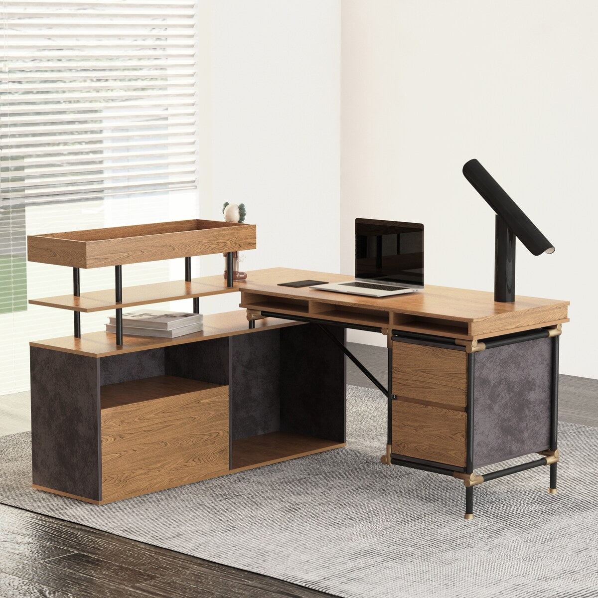 L -Shaped Design Retro Wooden Desk , Larger Desktop and Plenty of Space , Two Open Bookshelves