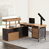L -Shaped Design Retro Wooden Desk , Larger Desktop and Plenty of Space , Two Open Bookshelves