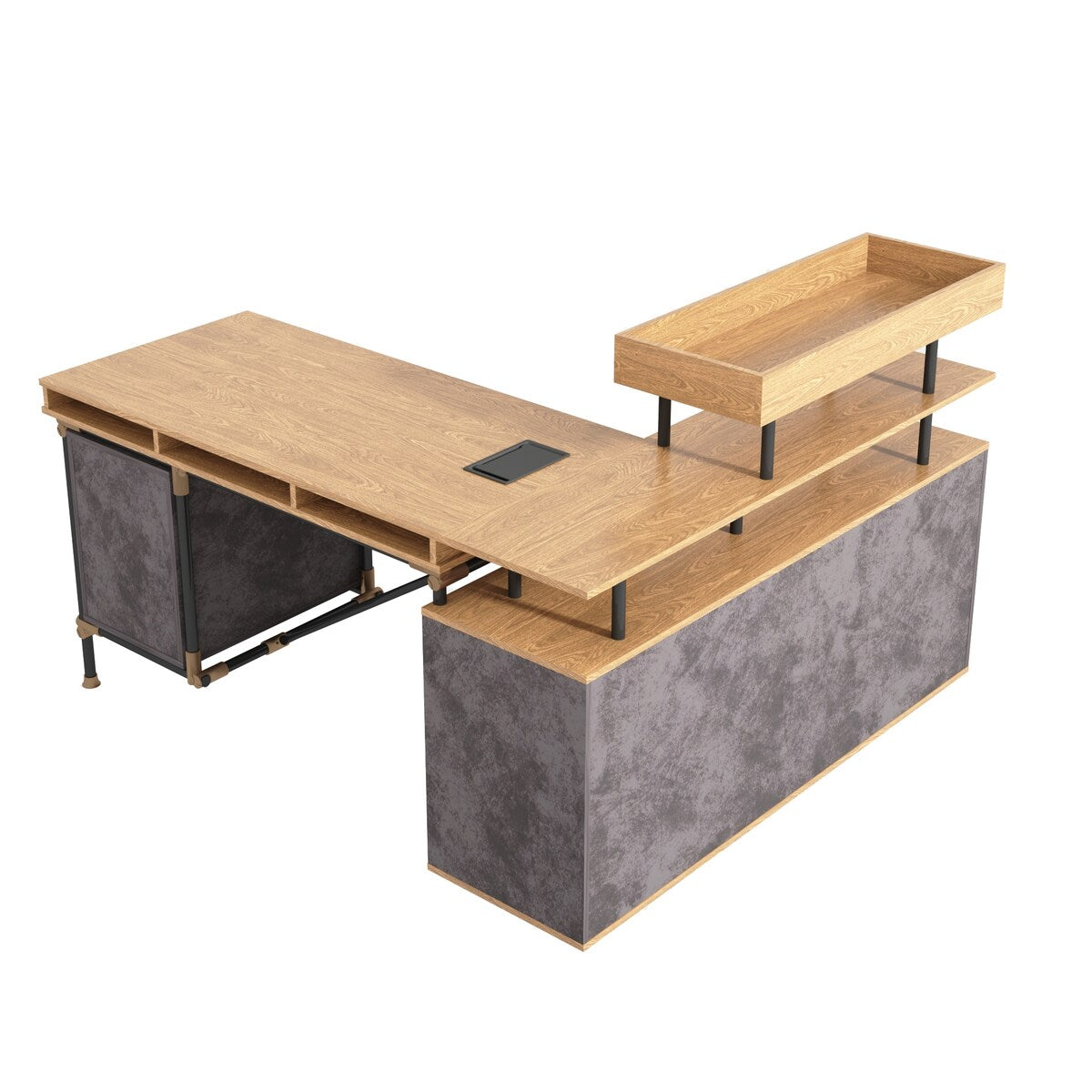 L -Shaped Design Retro Wooden Desk , Larger Desktop and Plenty of Space , Two Open Bookshelves