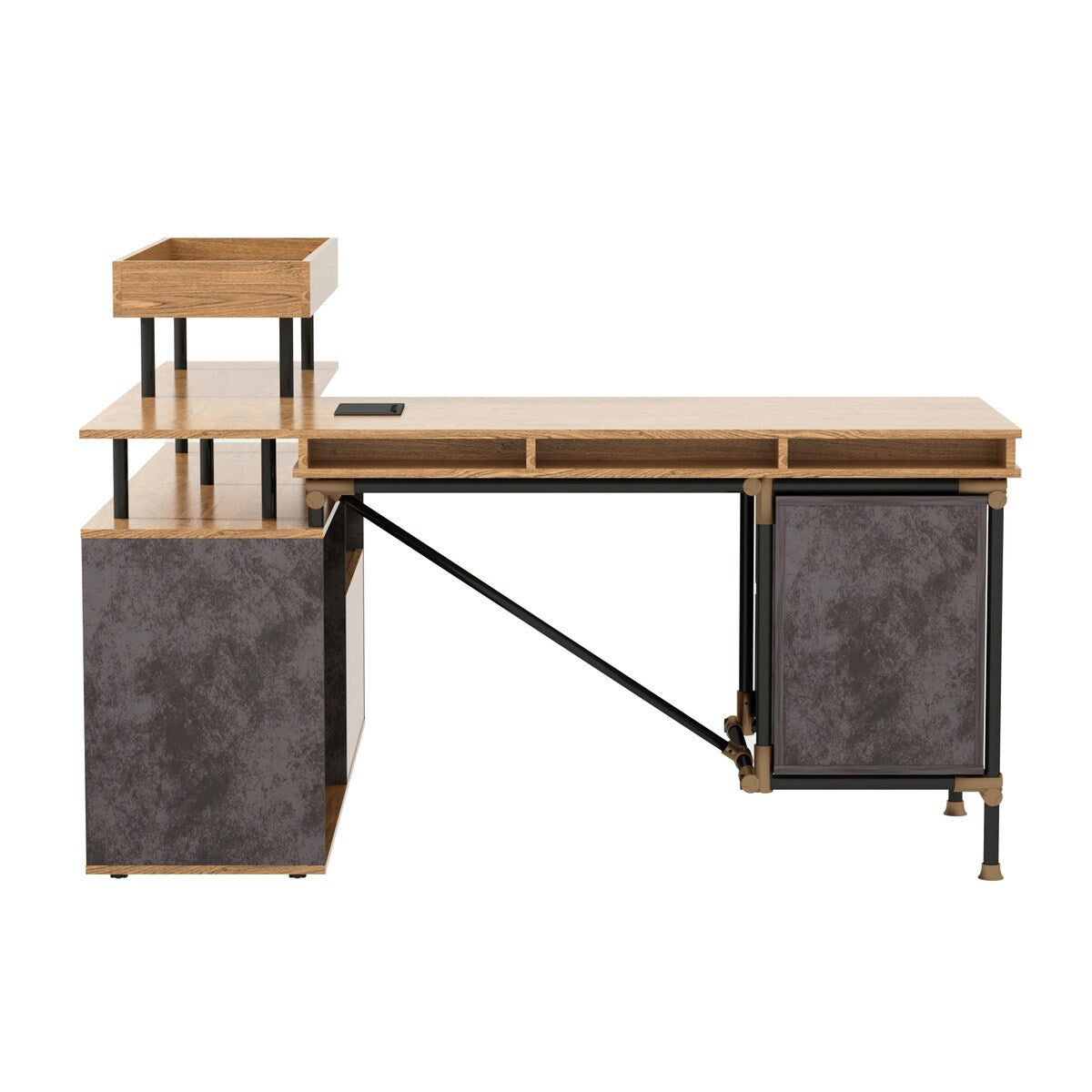 L -Shaped Design Retro Wooden Desk , Larger Desktop and Plenty of Space , Two Open Bookshelves