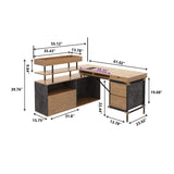 L -Shaped Design Retro Wooden Desk , Larger Desktop and Plenty of Space , Two Open Bookshelves