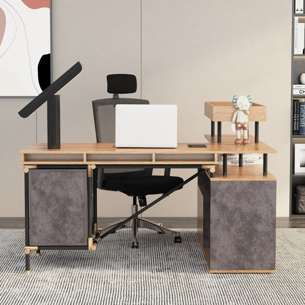 L -Shaped Design Retro Wooden Desk , Larger Desktop and Plenty of Space , Two Open Bookshelves