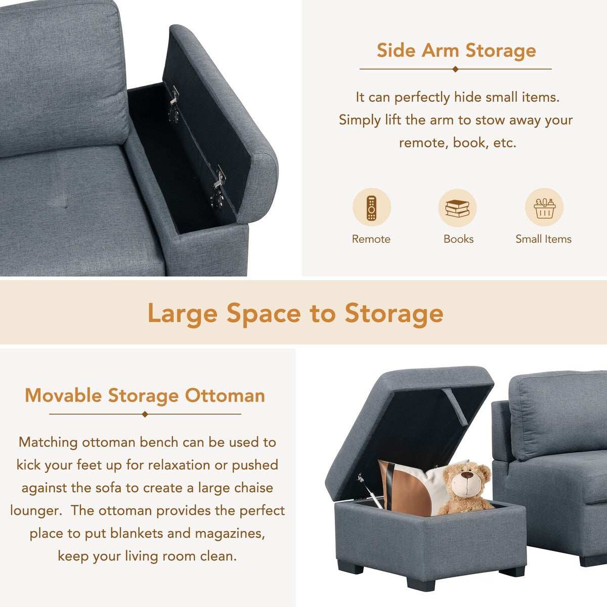 L-Shape Corner Sleeper Sectional Sofa Couch with Storage Ottoman and Hidden Arm Storage and USB Charge