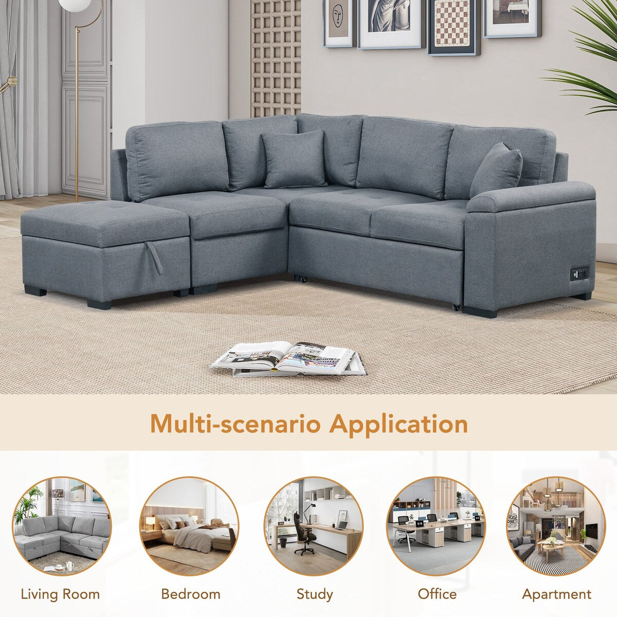 L-Shape Corner Sleeper Sectional Sofa Couch with Storage Ottoman and Hidden Arm Storage and USB Charge