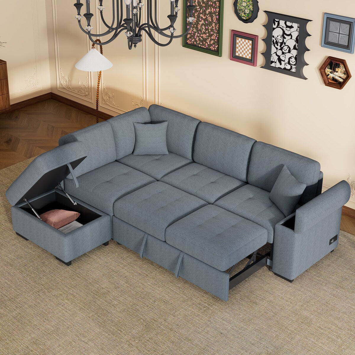 L-Shape Corner Sleeper Sectional Sofa Couch with Storage Ottoman and H
