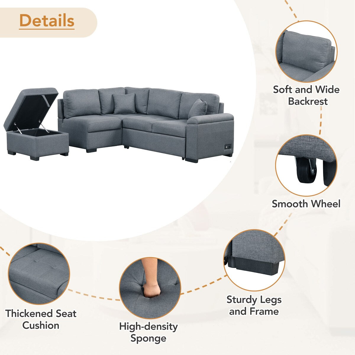 L-Shape Corner Sleeper Sectional Sofa Couch with Storage Ottoman and Hidden Arm Storage and USB Charge
