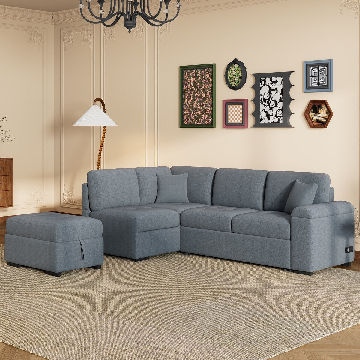 L-Shape Corner Sleeper Sectional Sofa Couch with Storage Ottoman and Hidden Arm Storage and USB Charge