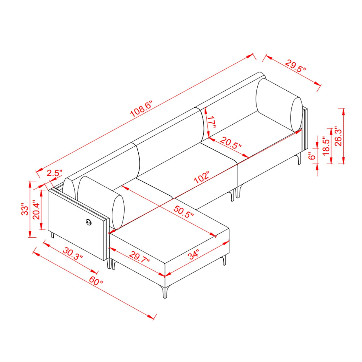 L Shape Sectional Sofa, Sectional Couch with USB Charging Socket