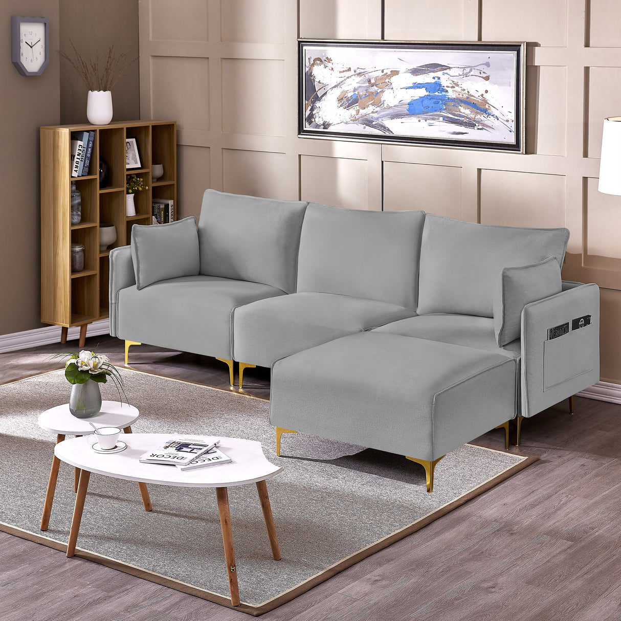 L Shape Sectional Sofa, Sectional Couch with USB Charging Socket