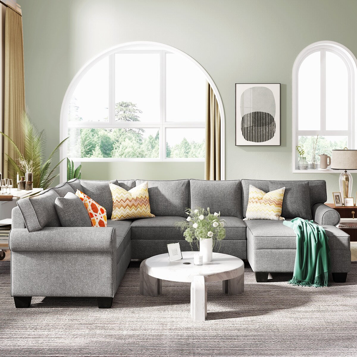 U-Shape Sofa Upholstered Rolled Arm Classic Sectional Sofa 3 pcs Chenille Sectional ,3 Pillows Include