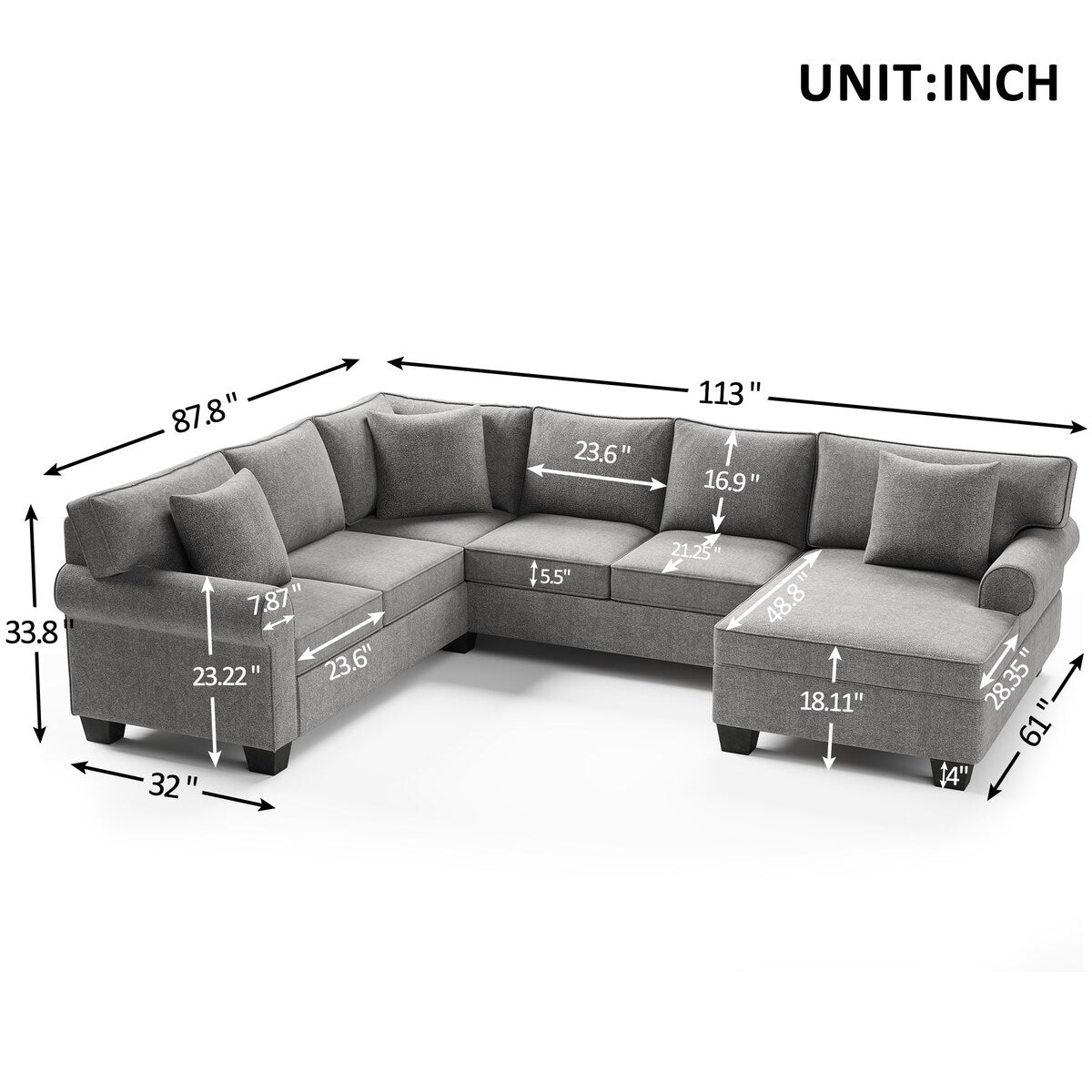 U-Shape Sofa Upholstered Rolled Arm Classic Sectional Sofa 3 pcs Chenille Sectional ,3 Pillows Include