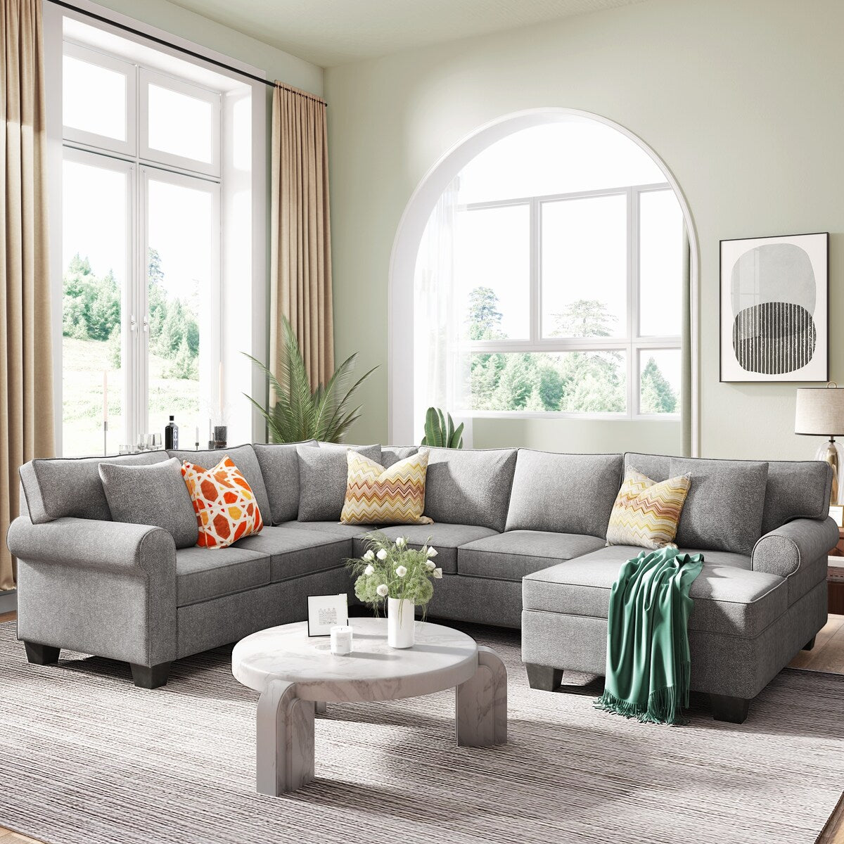 U-Shape Sofa Upholstered Rolled Arm Classic Sectional Sofa 3 pcs Chenille Sectional ,3 Pillows Include