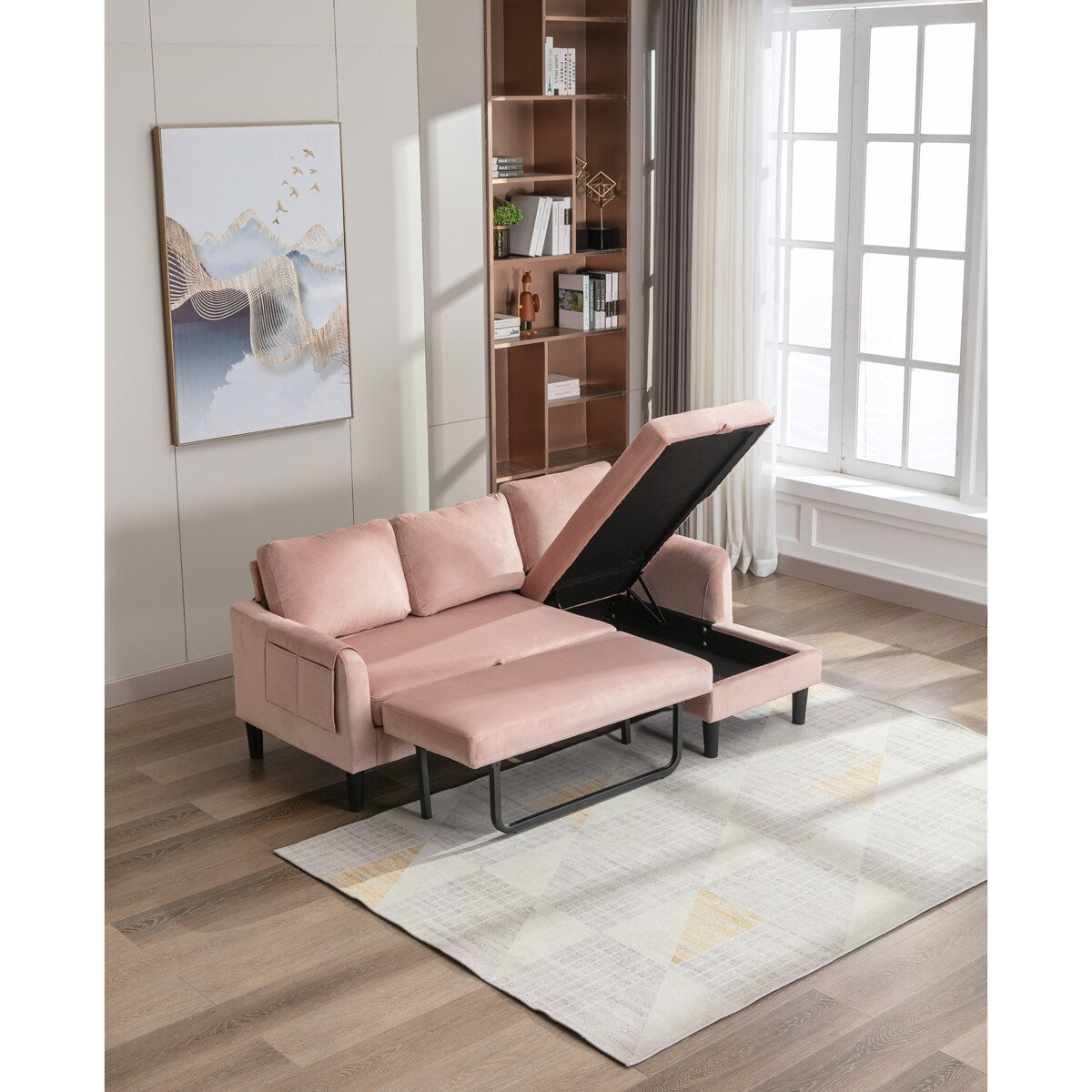 L-Shape Velvet Sectional Sofas, Reversible Sleeper Sofas with Storage Chaise