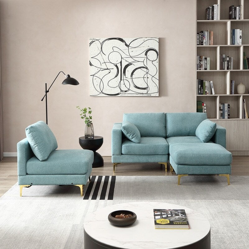 L Shaped 3-Seat Sectional Sofa Couch, Turquoise