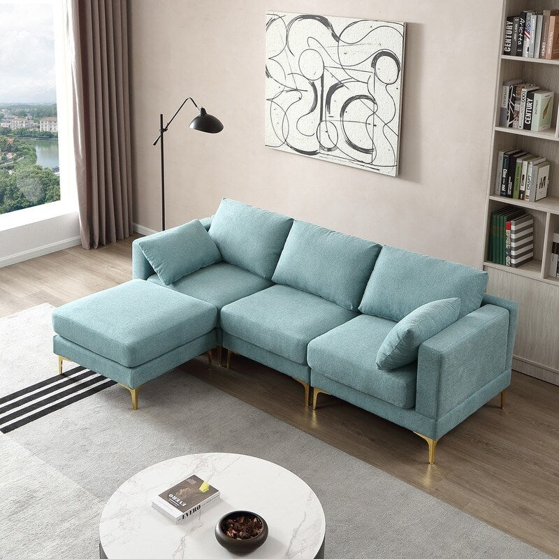 L Shaped 3-Seat Sectional Sofa Couch, Turquoise