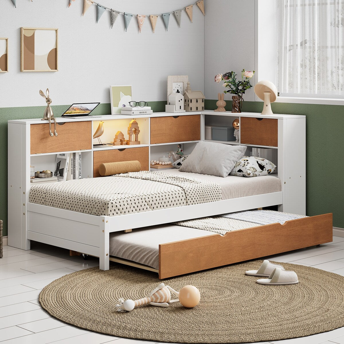 L shaped bed with trundle clearance
