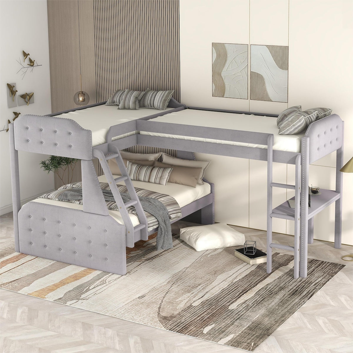 L-Shaped Bunk Bed and Loft Bed with Desk