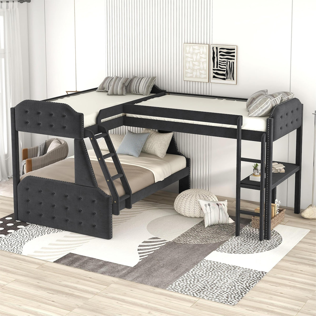 L-Shaped Bunk Bed and Loft Bed with Desk