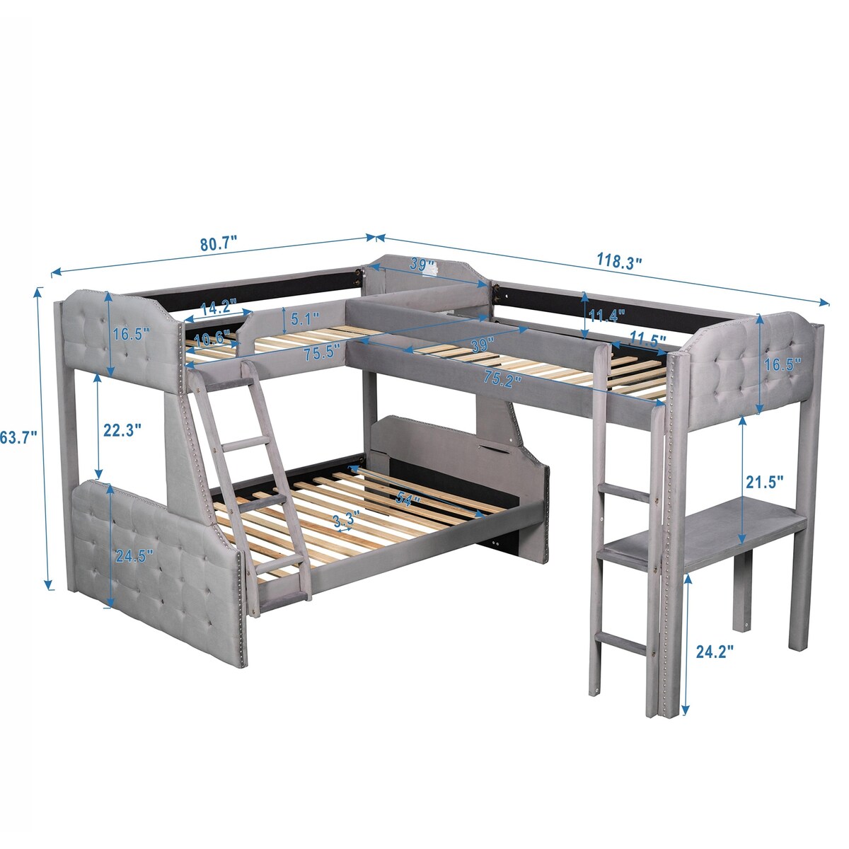 L-Shaped Bunk Bed and Loft Bed with Desk