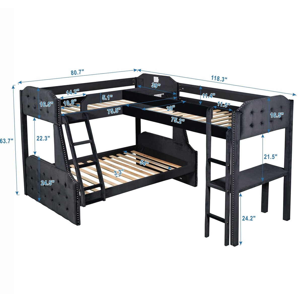 L-Shaped Bunk Bed and Loft Bed with Desk