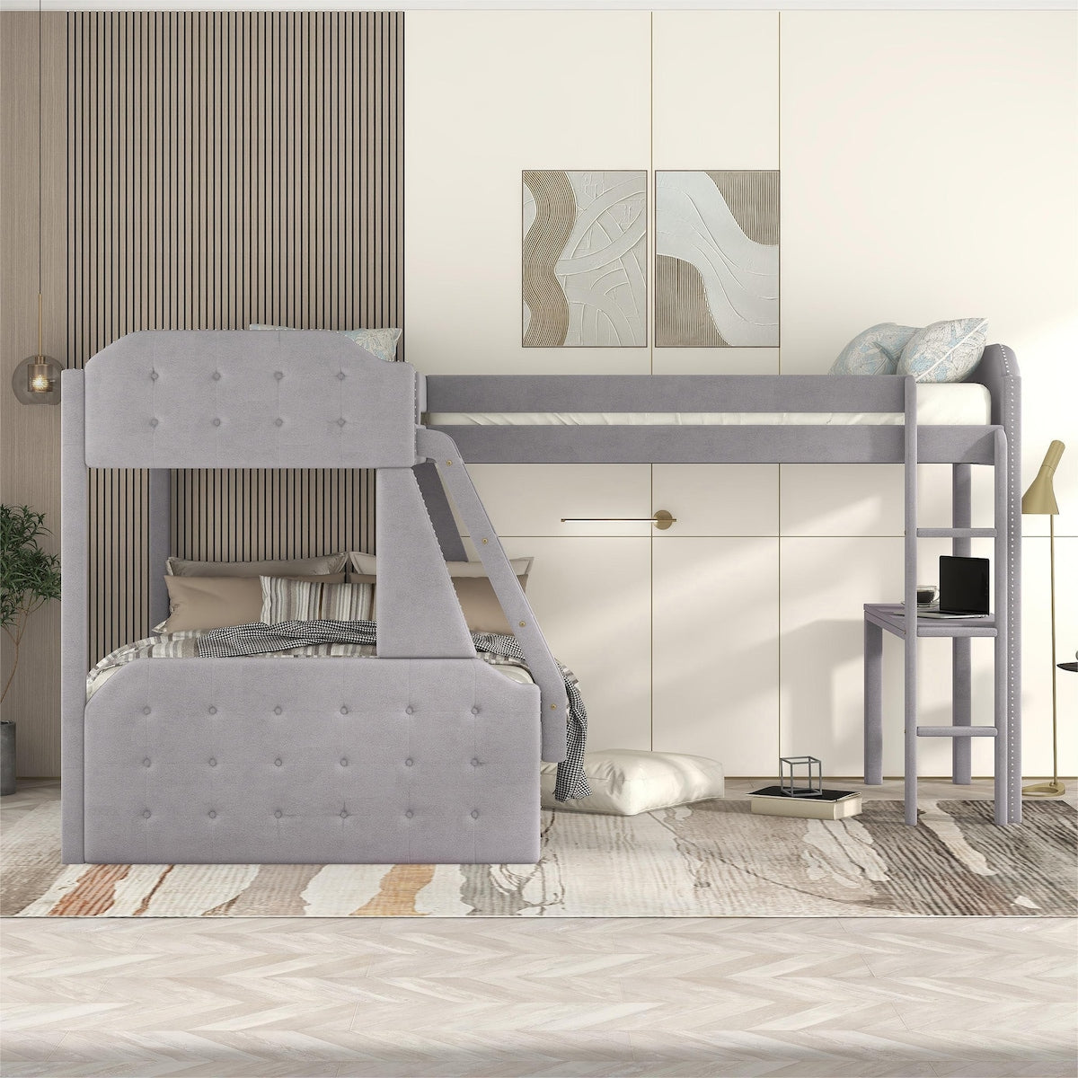 L-Shaped Bunk Bed and Loft Bed with Desk
